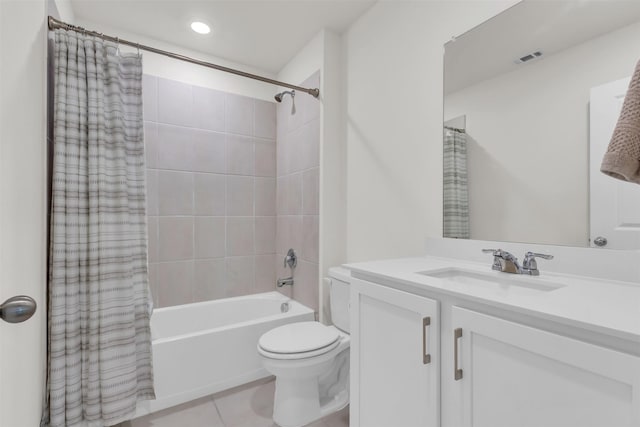 full bath featuring shower / tub combo, visible vents, toilet, tile patterned flooring, and vanity