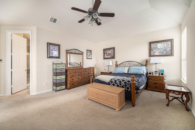 1202 Newcastle St, Roanoke, TX 76262 - bedroom featuring light carpet, baseboards, a ceiling fan, lofted ceiling, and ensuite bath