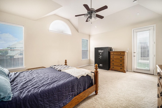 1202 Newcastle St, Roanoke, TX 76262 - bedroom with vaulted ceiling, light carpet, access to outside, multiple windows, and ceiling fan