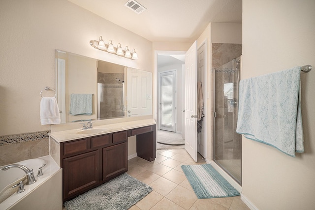 1202 Newcastle St, Roanoke, TX 76262 - bathroom featuring a stall shower, tile patterned flooring, a bath, and vanity