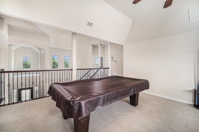 1202 Newcastle St, Roanoke, TX 76262 - playroom with carpet, ceiling fan, lofted ceiling, baseboards, and pool table