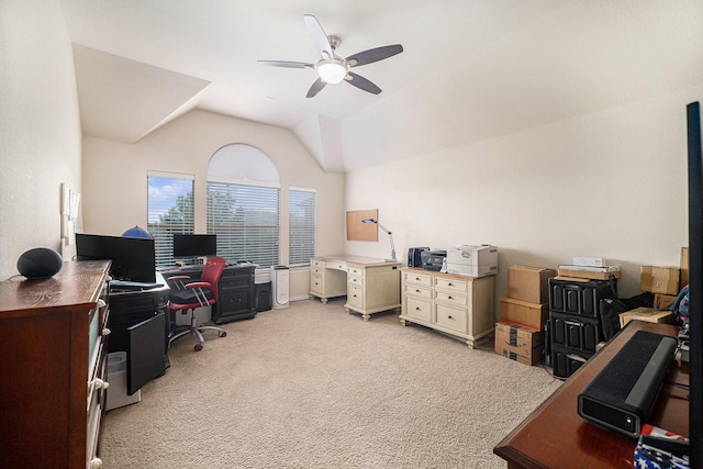 1202 Newcastle St, Roanoke, TX 76262 - home office featuring light colored carpet, a ceiling fan, and vaulted ceiling