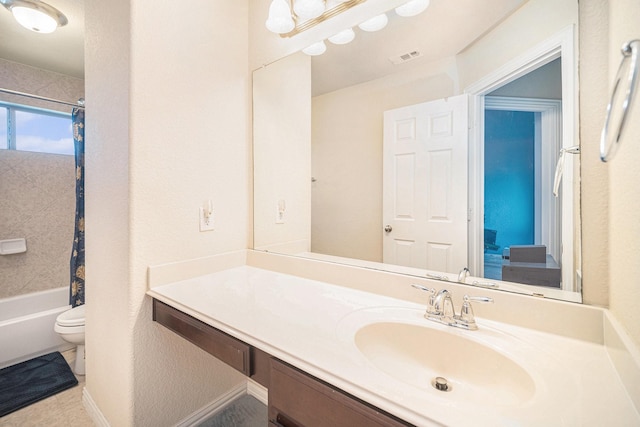 1202 Newcastle St, Roanoke, TX 76262 - bathroom with vanity, toilet, and shower / bathtub combination with curtain