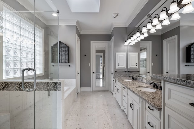 full bathroom with double vanity, a sink, crown molding, a shower stall, and a bath