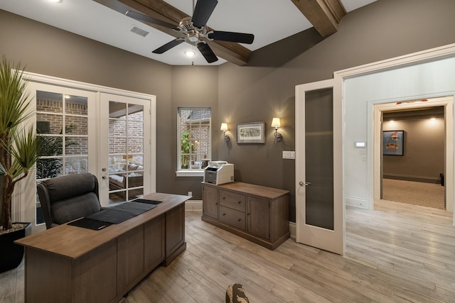 office space featuring visible vents, french doors, and light wood-style flooring