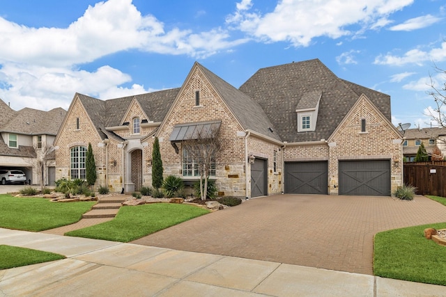 view of front of property with stone siding, roof with shingles, decorative driveway, and brick siding