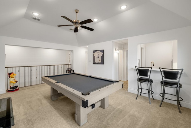 rec room with recessed lighting, visible vents, vaulted ceiling, and carpet flooring