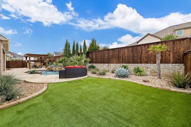 view of yard with a patio, a fenced backyard, and a pergola