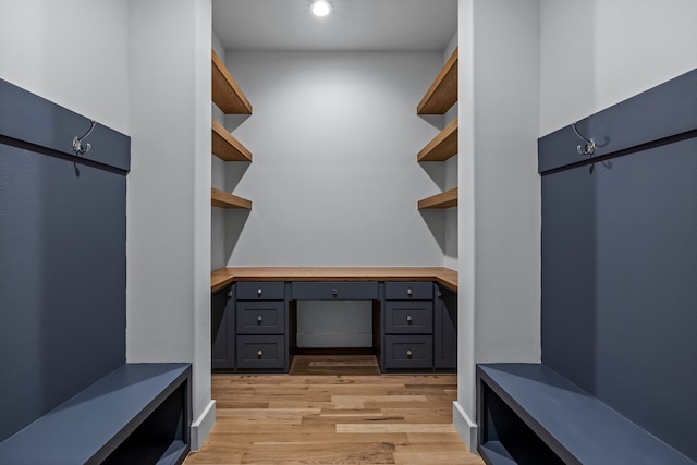 spacious closet featuring light wood finished floors and built in study area