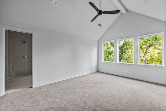 unfurnished room featuring carpet, beam ceiling, visible vents, a ceiling fan, and baseboards