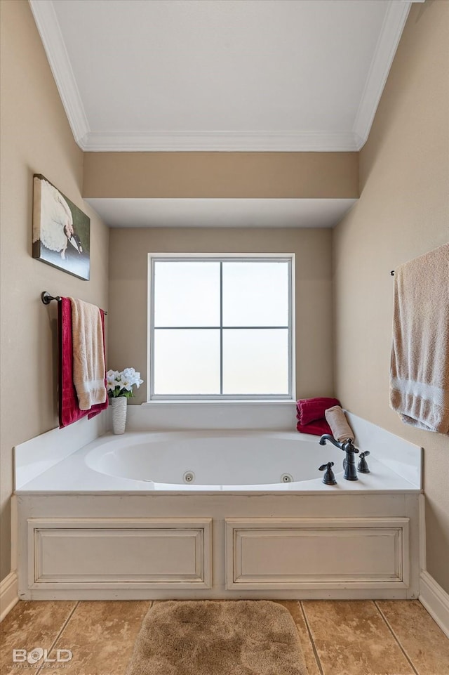 full bath featuring ornamental molding, a tub with jets, and tile patterned flooring