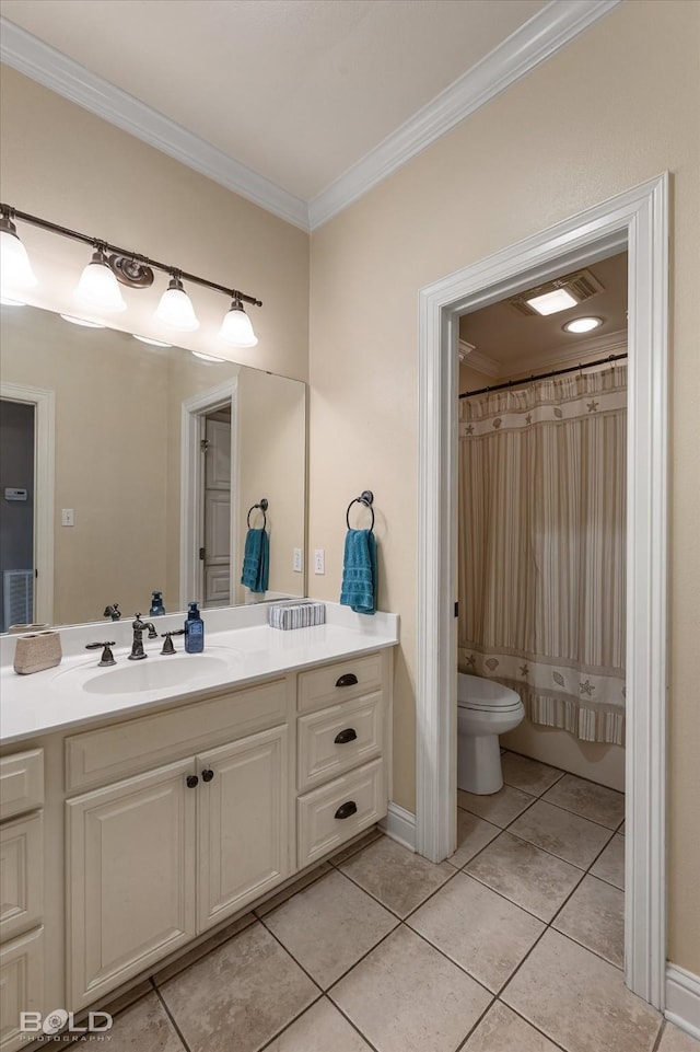 full bathroom featuring tile patterned flooring, toilet, a shower with shower curtain, vanity, and crown molding