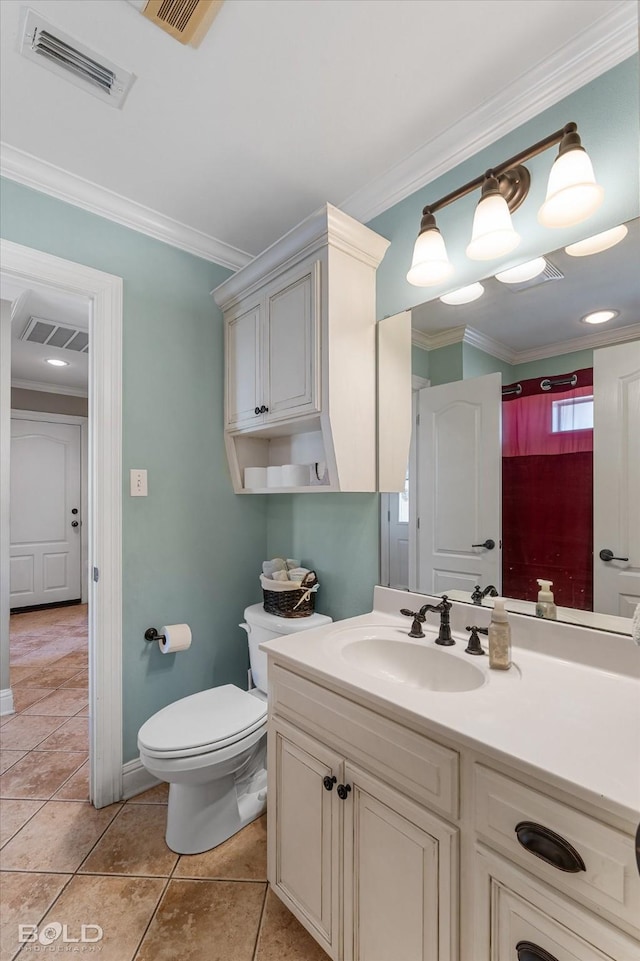 bathroom with toilet, visible vents, ornamental molding, and tile patterned floors