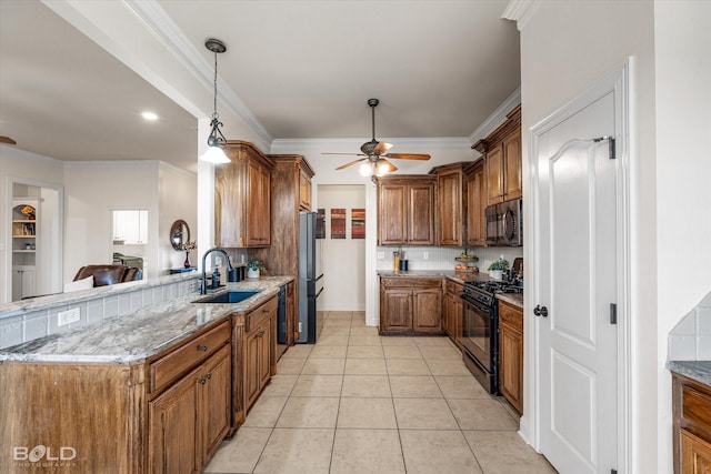 kitchen with crown molding, brown cabinetry, light tile patterned flooring, a sink, and black appliances