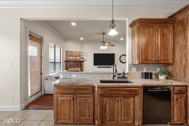 kitchen with dishwasher, open floor plan, a peninsula, crown molding, and a sink