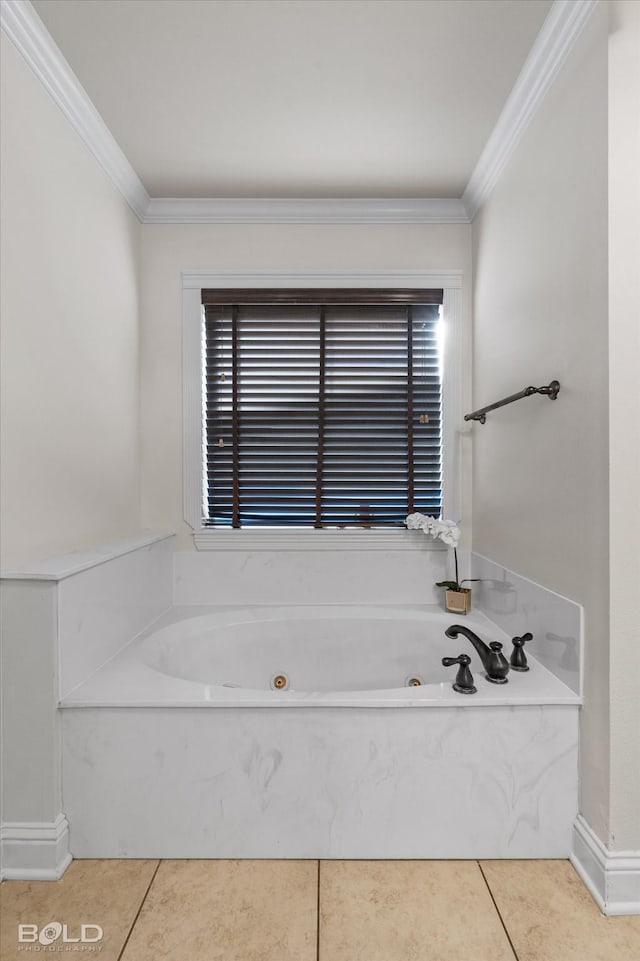 full bathroom featuring a whirlpool tub, ornamental molding, and tile patterned floors