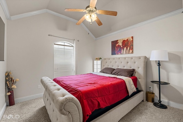 bedroom featuring lofted ceiling, ornamental molding, a ceiling fan, carpet flooring, and baseboards