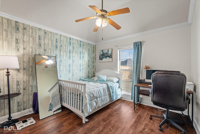 bedroom featuring wallpapered walls, baseboards, ornamental molding, and wood finished floors