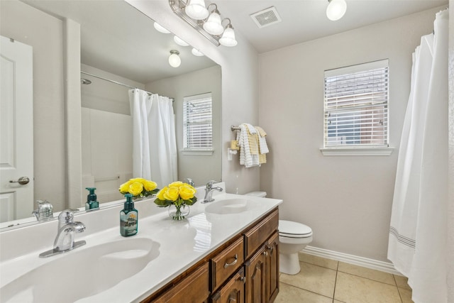 full bathroom featuring tile patterned floors, toilet, visible vents, and a sink