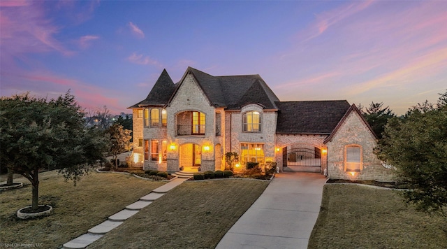 french country inspired facade featuring concrete driveway, brick siding, a front yard, and a gate