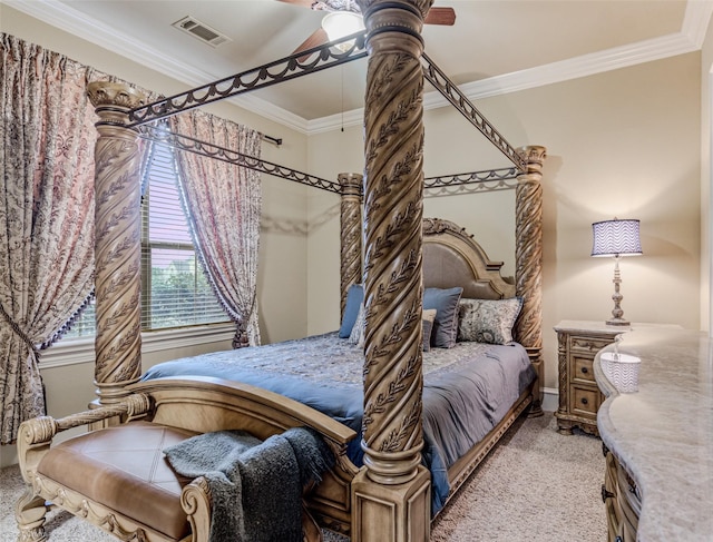 bedroom featuring carpet, visible vents, ceiling fan, and ornamental molding