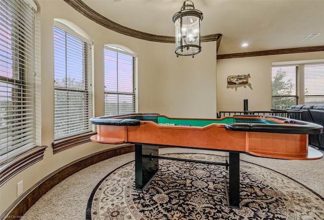 game room with recessed lighting, visible vents, crown molding, and baseboards