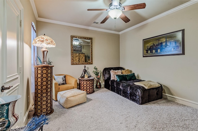 carpeted bedroom featuring a ceiling fan, visible vents, crown molding, and baseboards