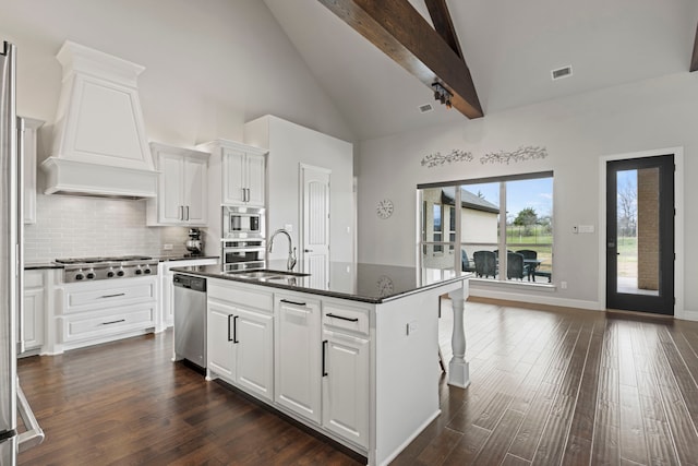 kitchen featuring stainless steel appliances, a sink, visible vents, white cabinetry, and dark wood-style floors