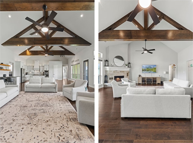 living area with a ceiling fan, a fireplace, beamed ceiling, and wood finished floors