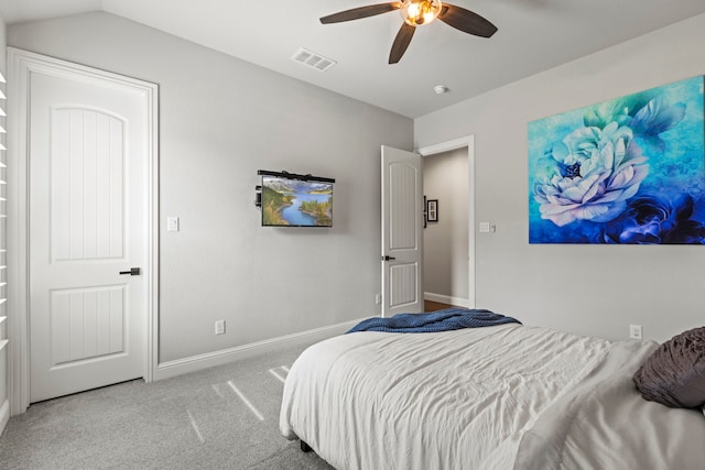 bedroom with baseboards, visible vents, ceiling fan, and carpet flooring