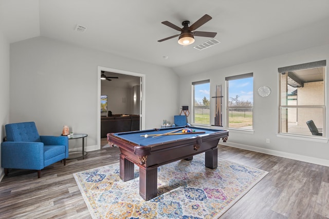 recreation room featuring vaulted ceiling, billiards, visible vents, and baseboards