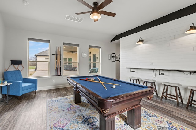 playroom featuring baseboards, visible vents, ceiling fan, wood finished floors, and pool table