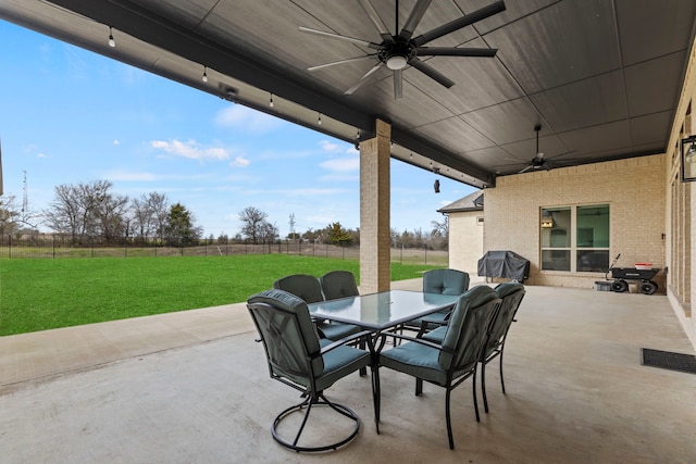 view of patio / terrace with outdoor dining area, visible vents, grilling area, a ceiling fan, and fence