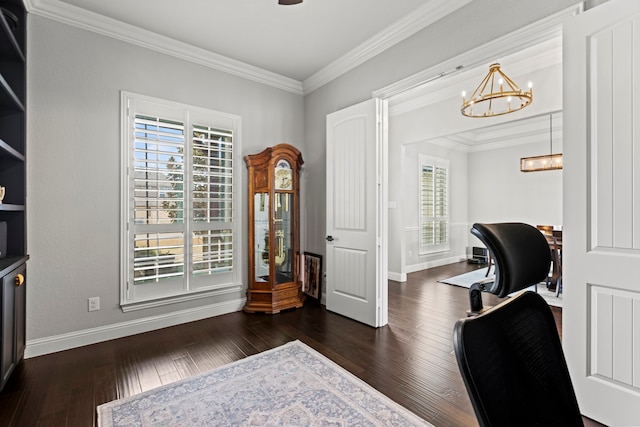 office space featuring baseboards, crown molding, a chandelier, and dark wood-type flooring