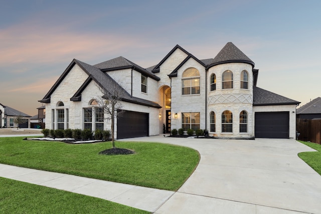 french country style house featuring a shingled roof, driveway, a garage, and a lawn