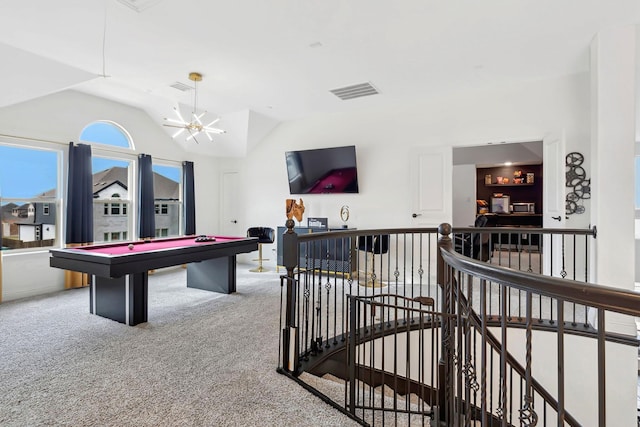 game room featuring vaulted ceiling, pool table, carpet flooring, and visible vents