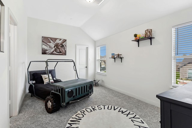 bedroom featuring light carpet, vaulted ceiling, visible vents, and baseboards