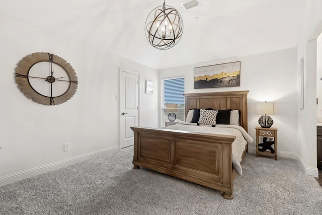 bedroom featuring light carpet, a chandelier, visible vents, and baseboards