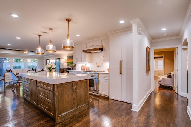 kitchen featuring light countertops, visible vents, high end stainless steel range oven, white cabinetry, and under cabinet range hood