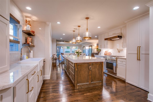 kitchen featuring dark wood-type flooring, a healthy amount of sunlight, high end stainless steel range oven, and under cabinet range hood