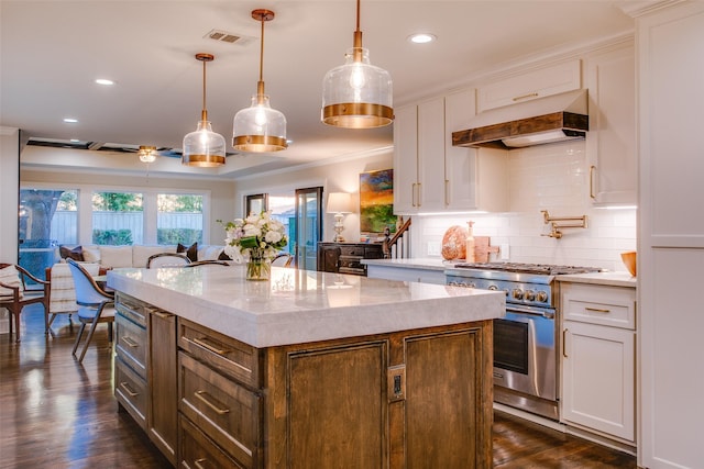 kitchen featuring high end range, decorative backsplash, dark wood-type flooring, white cabinetry, and under cabinet range hood