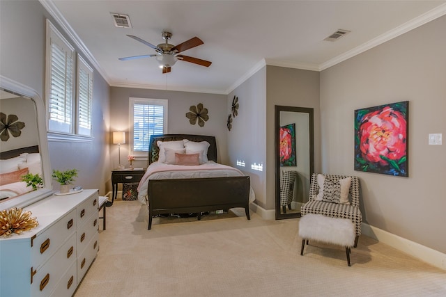 bedroom featuring light carpet, baseboards, visible vents, and crown molding