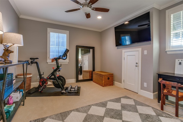 workout room featuring recessed lighting, carpet floors, a ceiling fan, baseboards, and ornamental molding