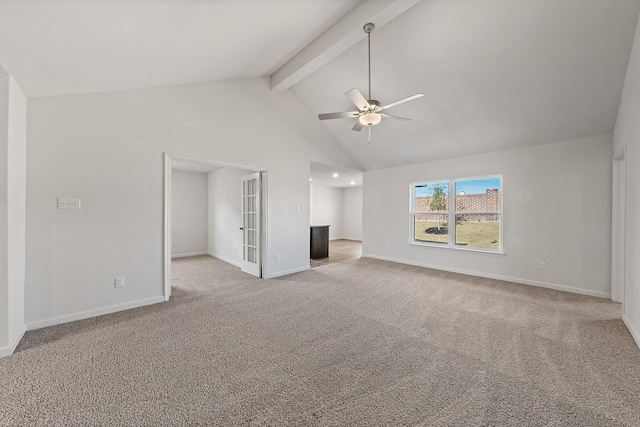 unfurnished living room featuring light carpet, baseboards, a ceiling fan, and beam ceiling