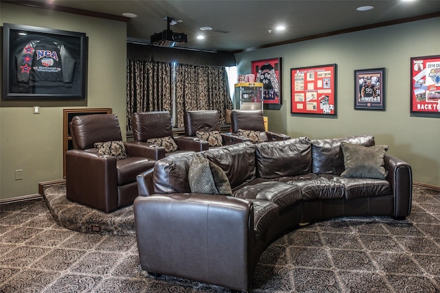 carpeted cinema with recessed lighting, baseboards, and ornamental molding