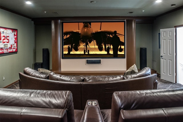 cinema with crown molding, recessed lighting, and carpet