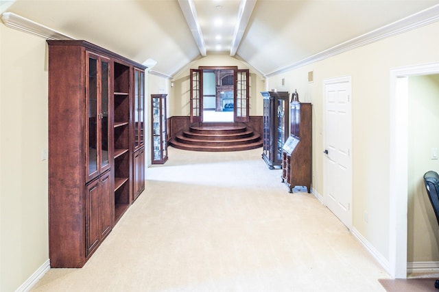 corridor featuring baseboards, light colored carpet, and vaulted ceiling with beams