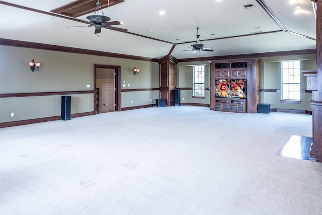 interior space featuring recessed lighting, a ceiling fan, visible vents, and baseboards