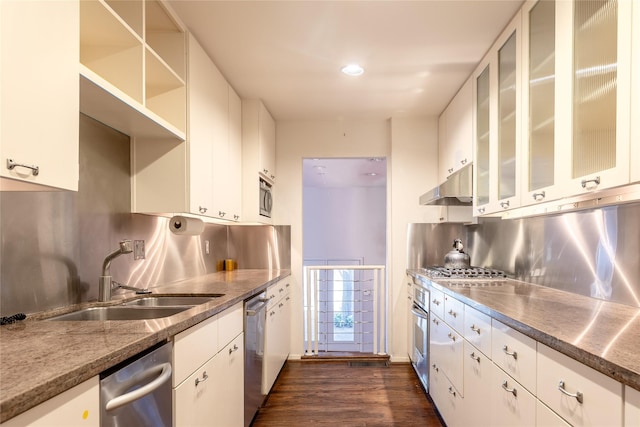 kitchen with under cabinet range hood, stainless steel appliances, dark wood-type flooring, a sink, and backsplash