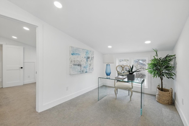 home office featuring recessed lighting, baseboards, lofted ceiling, and carpet